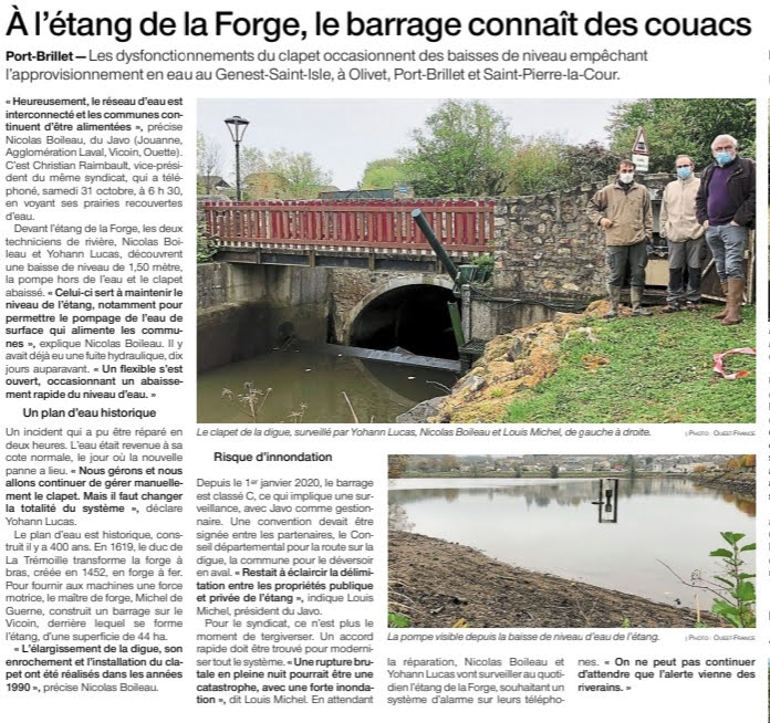 OF du 05/11/2020 - Dysfonctionnement barrage de Port-Brillet