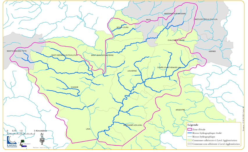 Carte des cours d'eau du bassin amont de Laval affluents